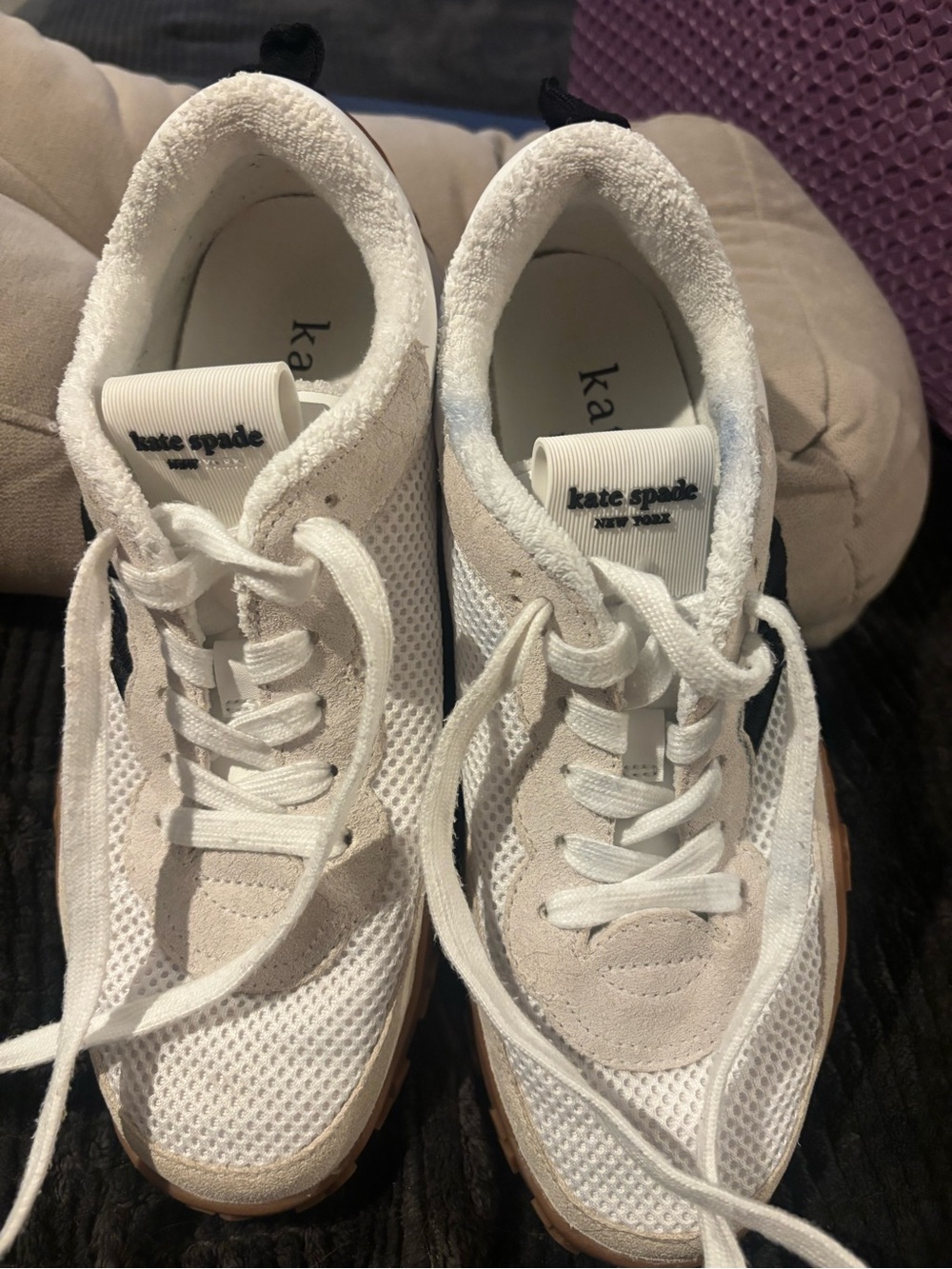 kate spade White Mesh & Suede Lace-Up Sneakers with Black Stripe
